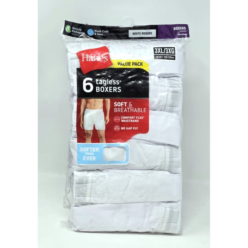 Hanes 6-pack Tagless Woven White Boxers Soft Breathable No Gap Fly Mens Size 3XL